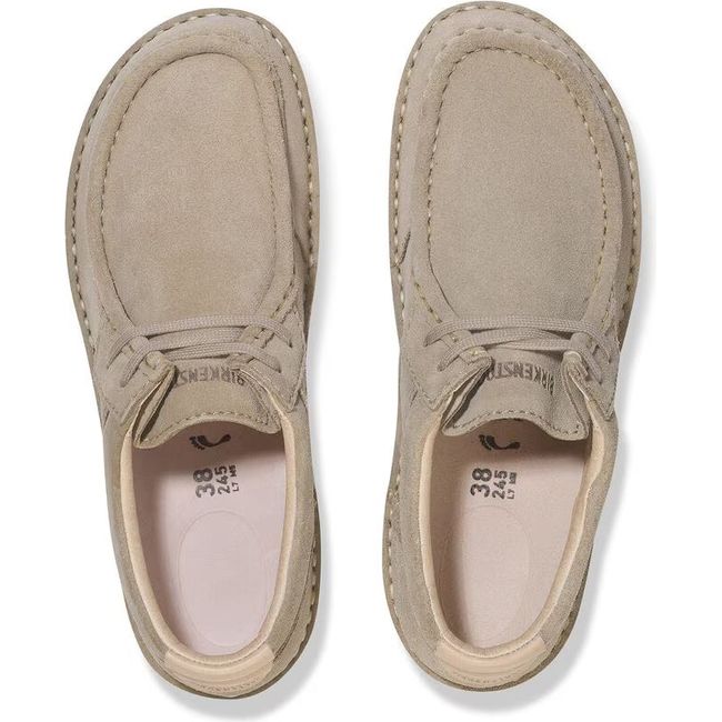 Top down view of Birkenstock Men's Pasadena Moccasins in taupe suede