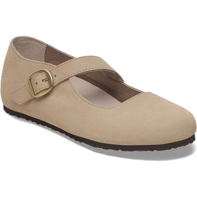 Front angled view of Birkenstock Women&#39;s Tracy Nubuck Mary Jane Shoe in sandcastle beige
