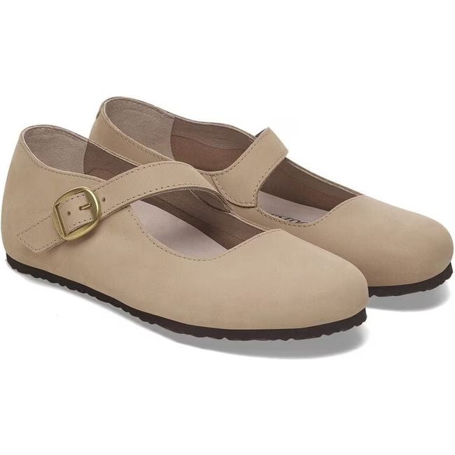 Pair of Birkenstock Women&#39;s Tracy Nubuck Mary Jane Shoes in sandcastle beige