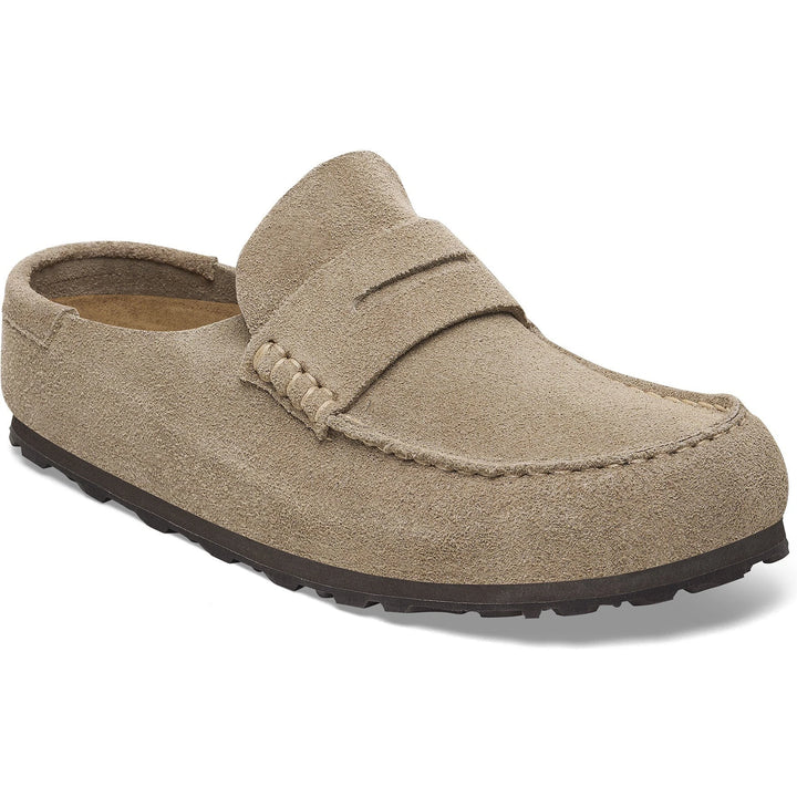 Front angled view of Birkenstock Unisex Naples Wrapped Suede Clog in Taupe