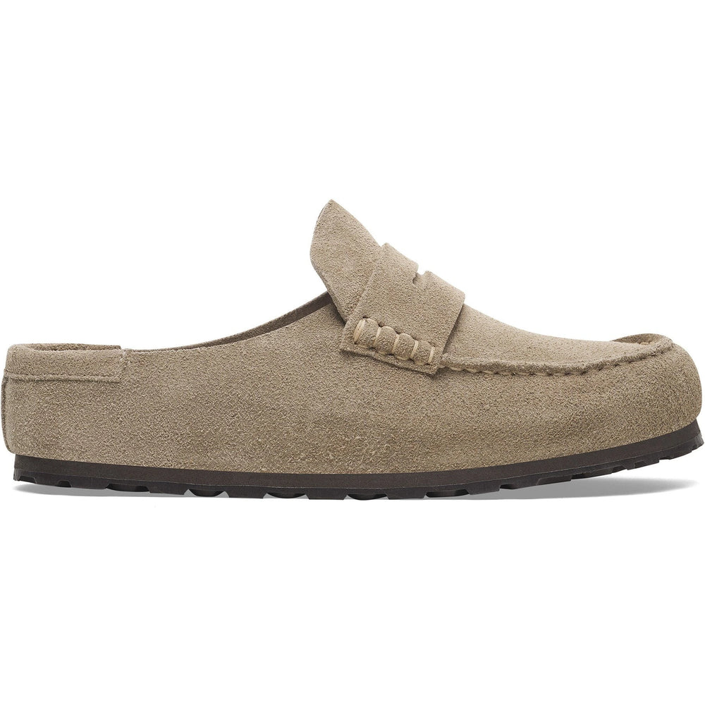 Lateral side of Birkenstock Unisex Naples Wrapped Suede Clog in Taupe