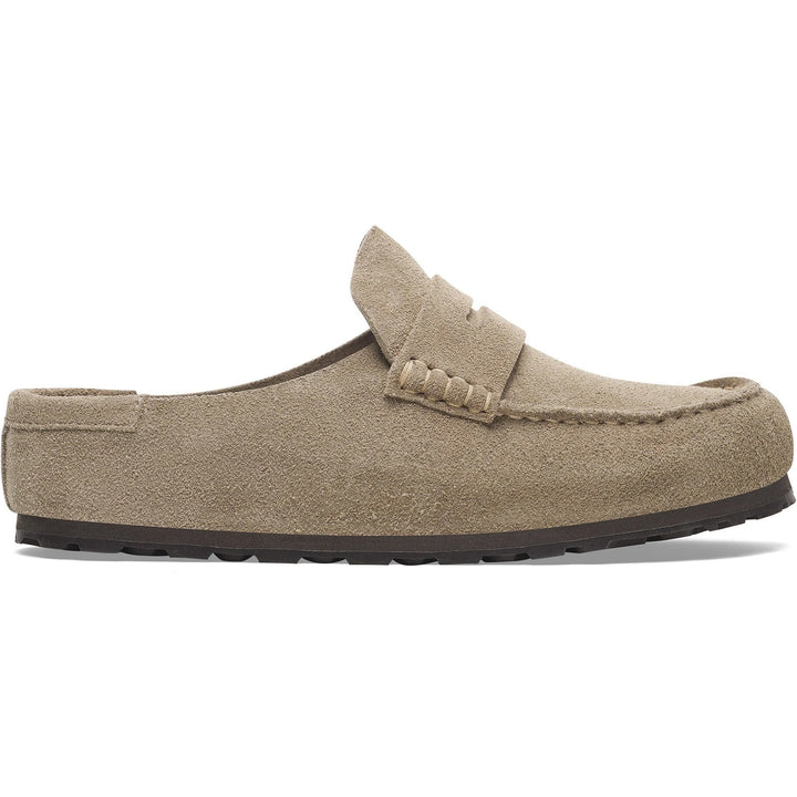 Lateral side of Birkenstock Unisex Naples Wrapped Suede Clog in Taupe