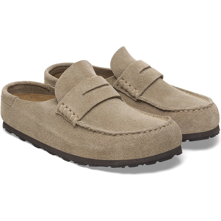 Pair of Birkenstock Unisex Naples Wrapped Suede Clogs in Taupe