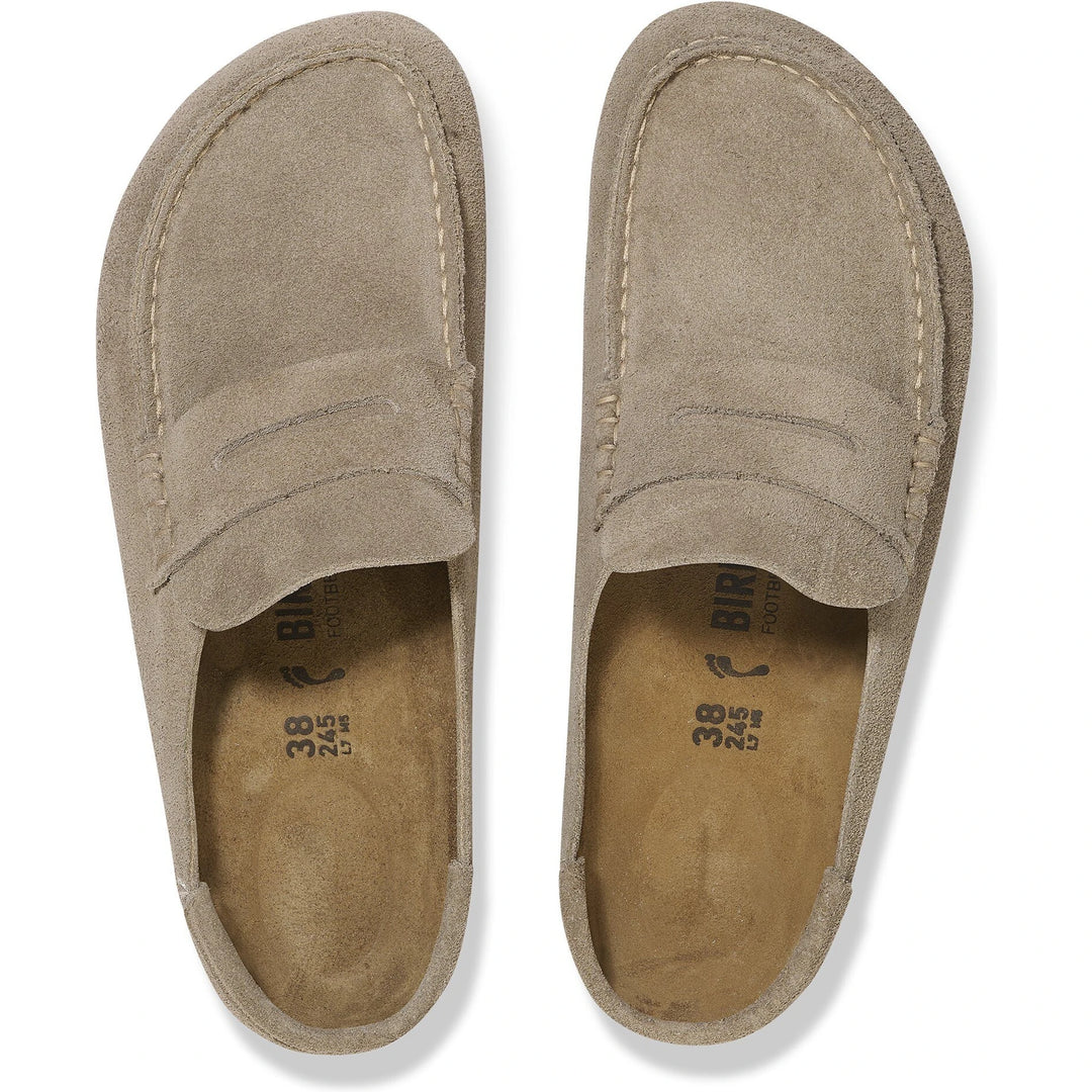Top down view of Birkenstock Unisex Naples Wrapped Suede Clogs in Taupe