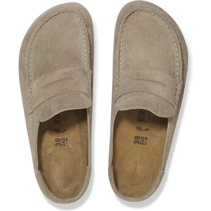 Top down view of Birkenstock Unisex Naples Wrapped Suede Clogs in Taupe