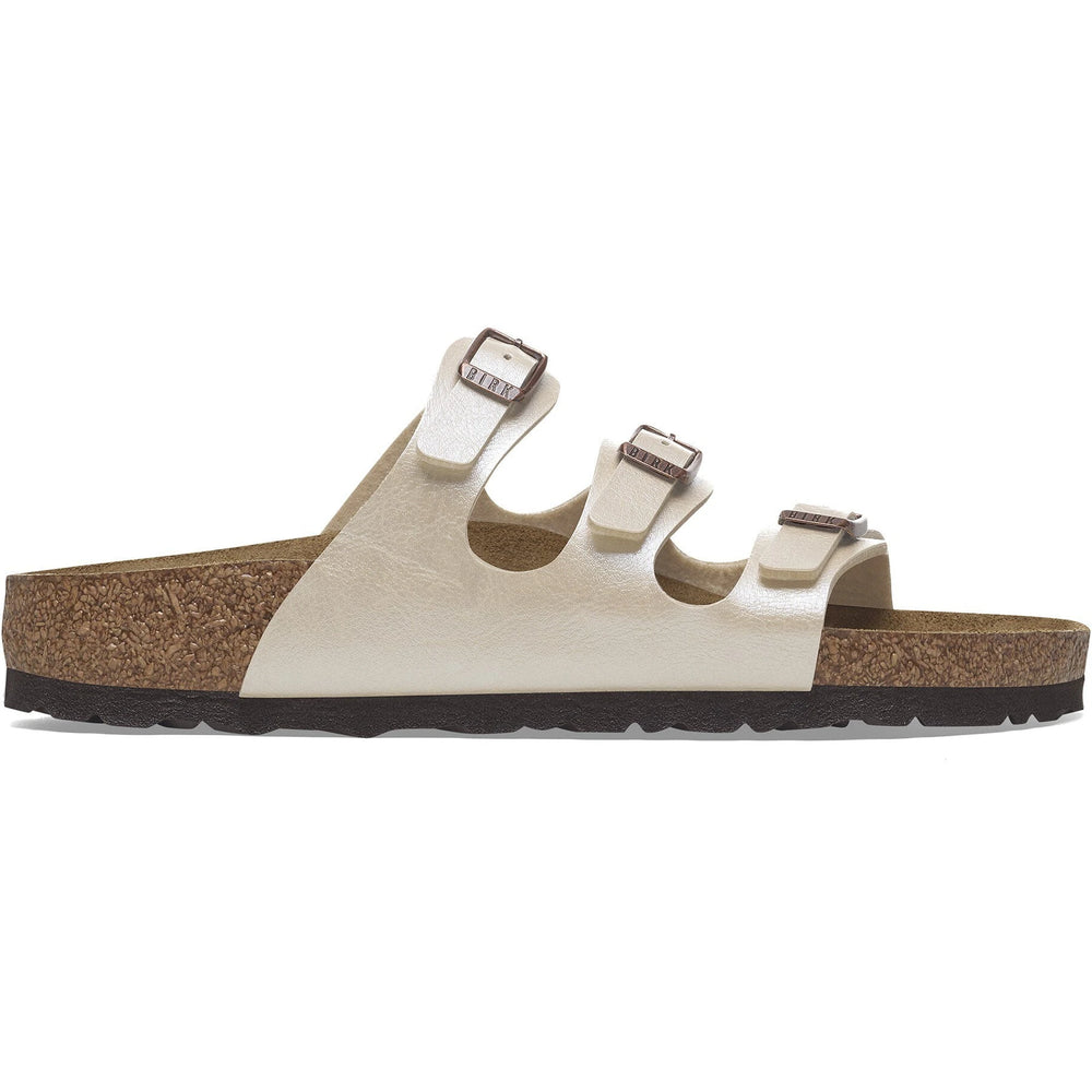Lateral side of Birkenstock Women's Florida Birko-Flor Sandal in Graceful Pearl White