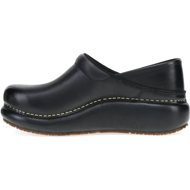 Dansko Platform Pro clog in black burnished nubuck, side profile showing platform midsole