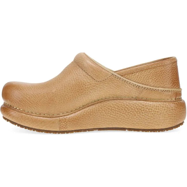Dansko Platform Pro clog in honey distressed leather, side profile showing platform midsole