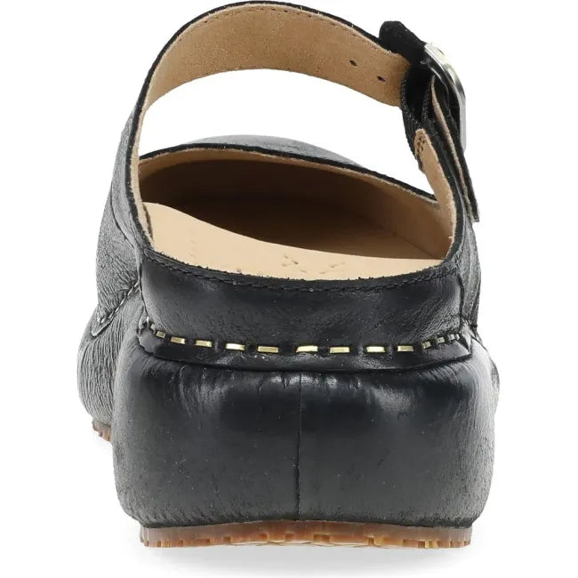 Dansko Kimberly platform mule in black leather, back view showing open heel