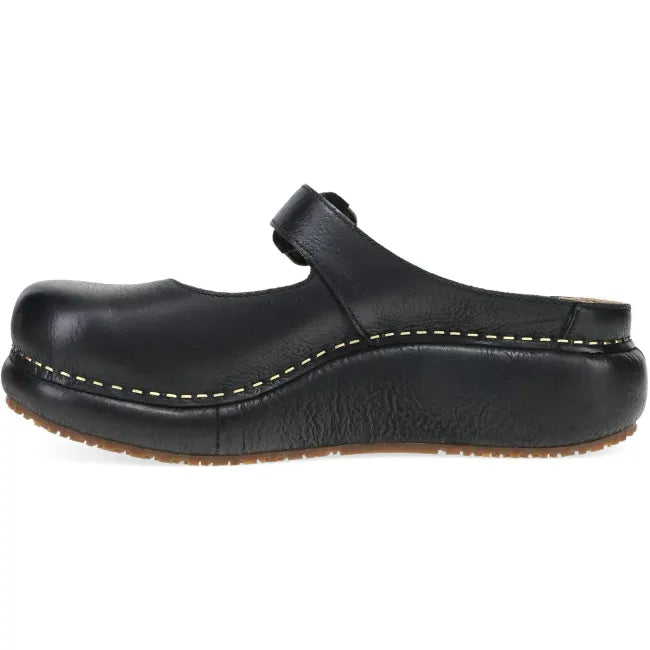 Dansko Kimberly platform mule in black leather, side profile showing platform midsole