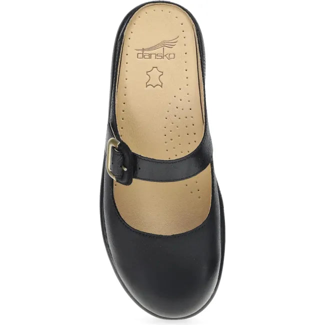 Dansko Kimberly platform mule in black leather, top view showing adjustable buckle strap