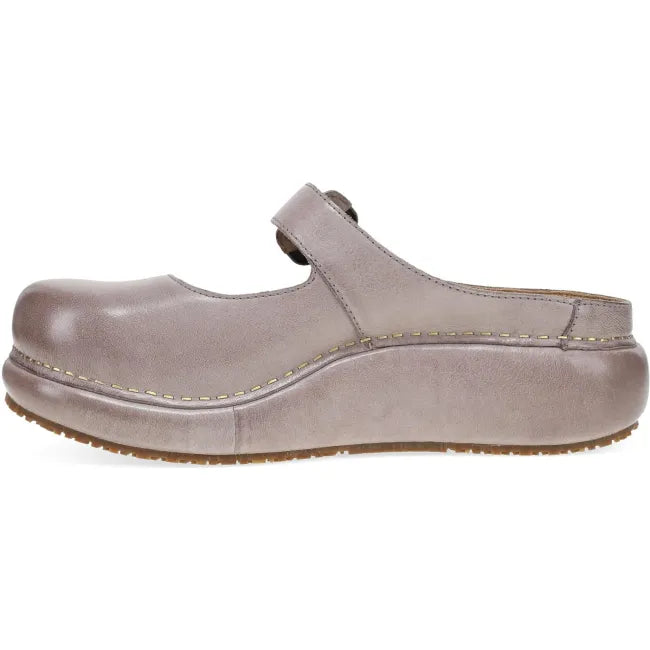 Dansko Kimberly platform mule in dusty lilac leather, side profile showing platform midsole