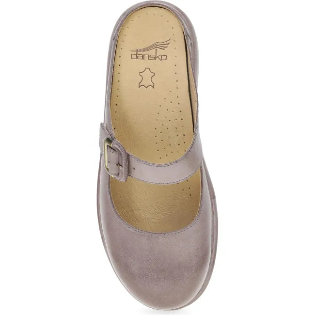 Dansko Kimberly platform mule in dusty lilac leather, top view showing adjustable buckle strap