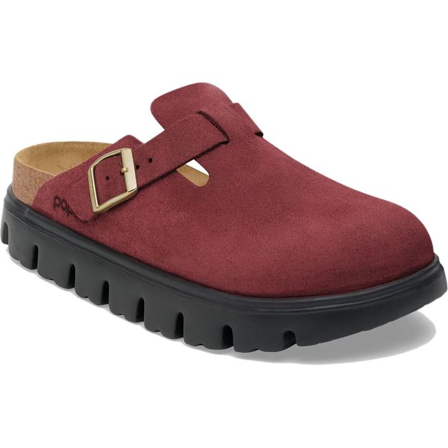 Front angled view of Birkenstock Boston Chunky Clog in Zinfandel red suede