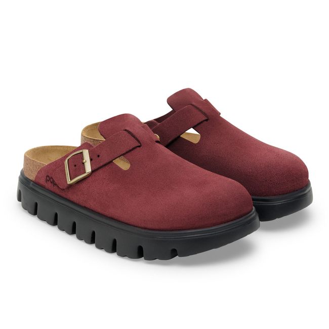 Pair of Birkenstock Boston Chunky Clog in Zinfandel red suede with black platform sole