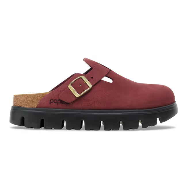 Lateral side view of Birkenstock Boston Chunky Clog in Zinfandel red suede