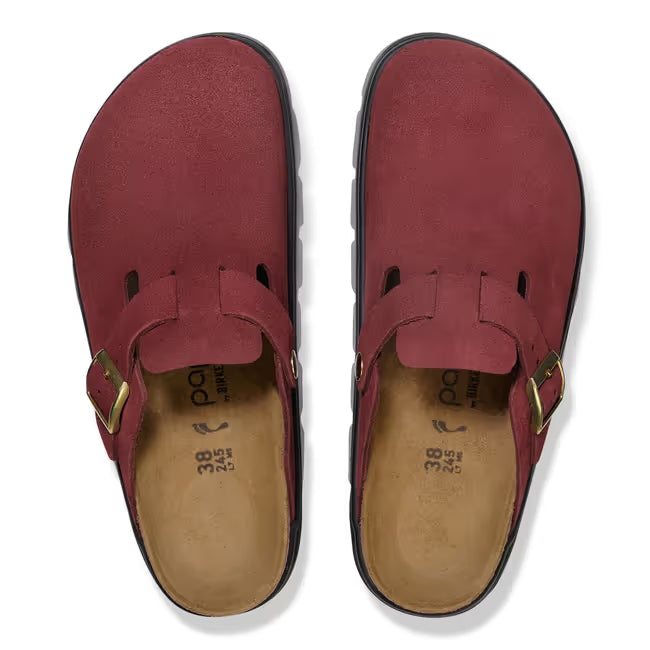 Upper of Birkenstock Boston Chunky Clogs in Zinfandel red suede