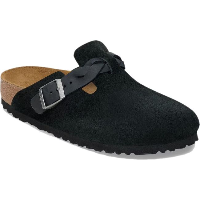 Front angled view of Birkenstock Women’s Boston Braid Suede clog in black suede