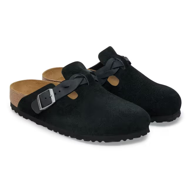 Pair of Birkenstock Women’s Boston Braid Suede clogs in black suede