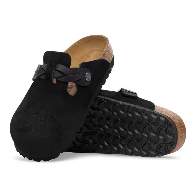 Upper and sole of Birkenstock Women’s Boston Braid Suede clogs in black suede