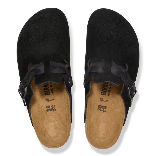 Upper of Birkenstock Women’s Boston Braid Suede clogs in black suede