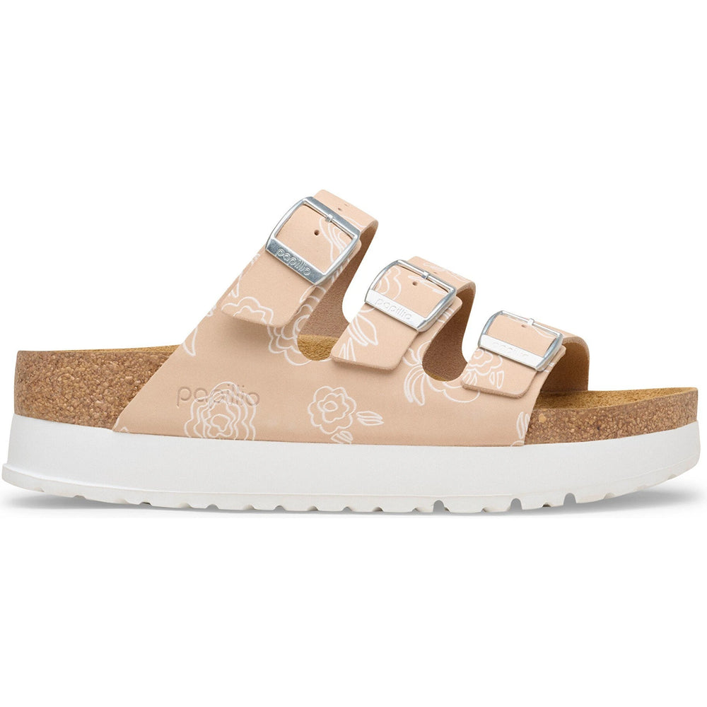 Lateral side of Birkenstock Women's Florida Flex Platform Nubuck Sandal in Flowers Light Rose
