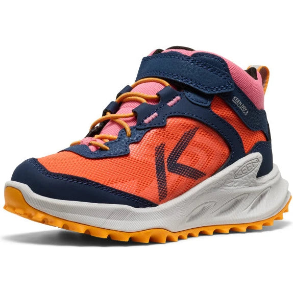Front angled view of Keen Kids' Zionic Waterproof Hiking Boot (Toddler) in Naval Academy/Nasturtium