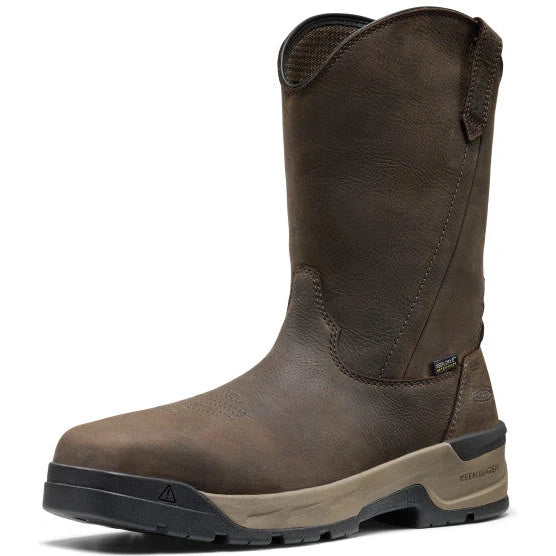 Front angled view of Keen Men's Flatland Pull-On Waterproof Carbon Toe Work Boot in Dark Brown Black