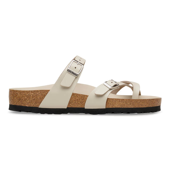 Side view of Birkenstock Mayari thong sandal in oyster showing adjustable metal pin buckle and EVA sole