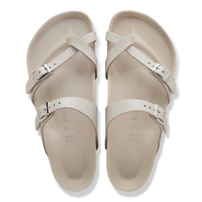 Top view of Birkenstock Mayari sandal in oyster showing suede footbed lining and toe loop detail