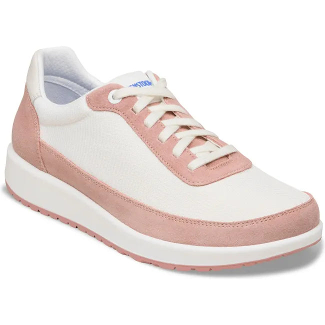 Front angled view of Birkenstock Unisex Honnef City Suede and Textile Sneaker in Pink Clay/Eggshell