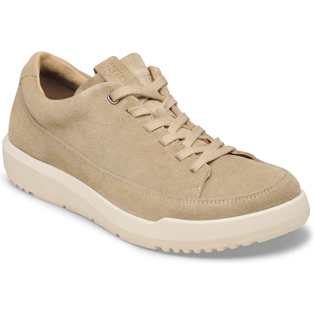 Front angled view of Birkenstock Unisex Melbourne Suede Sneaker in Taupe