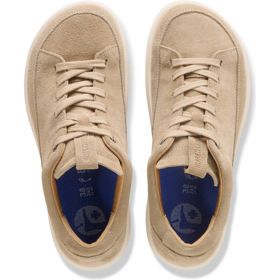 Top down view of Birkenstock Unisex Melbourne Suede Sneakers in Taupe