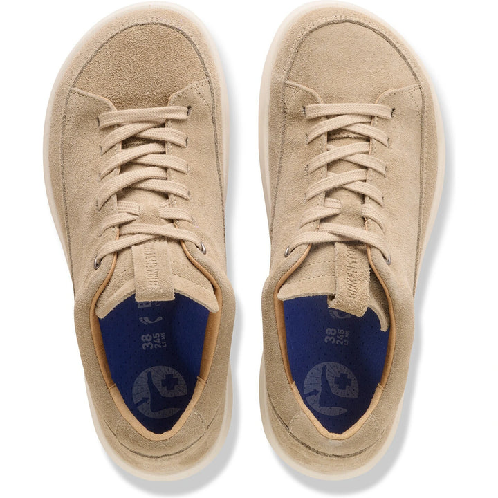 Top down view of Birkenstock Unisex Melbourne Suede Sneakers in Taupe