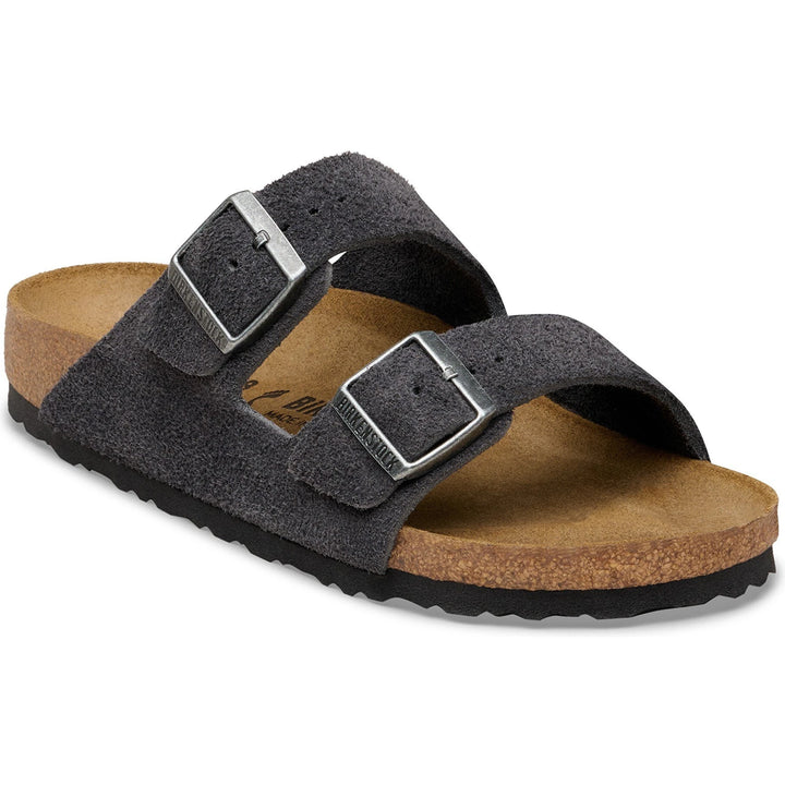 Front angled view of Birkenstock Unisex Arizona Suede Sandal in Charcoal