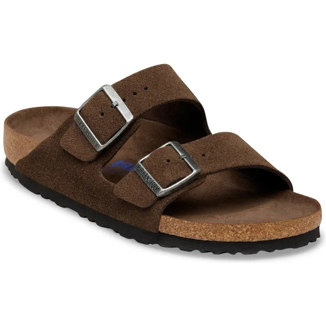 Front angled view of Birkenstock Unisex Arizona Soft Footbed Suede Sandal in Carafe Tonal