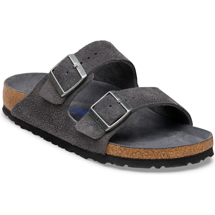 Front angled view of Birkenstock Unisex Arizona Soft Footbed Suede Sandal in Charcoal Tonal