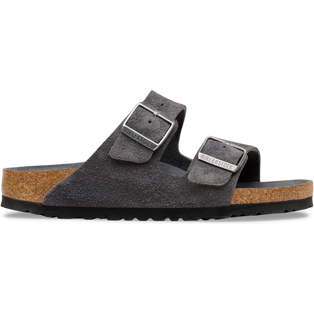 Lateral side of Birkenstock Unisex Arizona Soft Footbed Suede Sandal in Charcoal Tonal