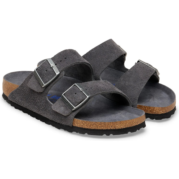 Pair of Birkenstock Unisex Arizona Soft Footbed Suede Sandals in Charcoal Tonal