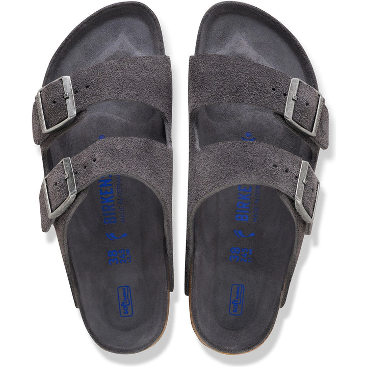 Top down view of Birkenstock Unisex Arizona Soft Footbed Suede Sandals in Charcoal Tonal