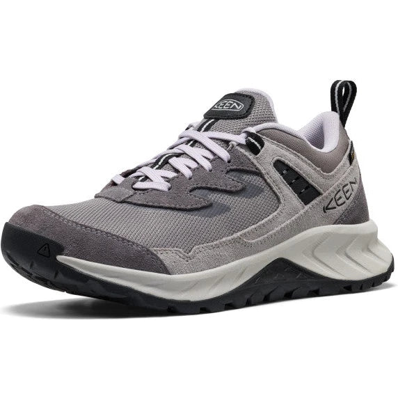 Front angled view of Keen Women's Hightrail Waterproof Hiking Shoe in Steel Grey Thistle
