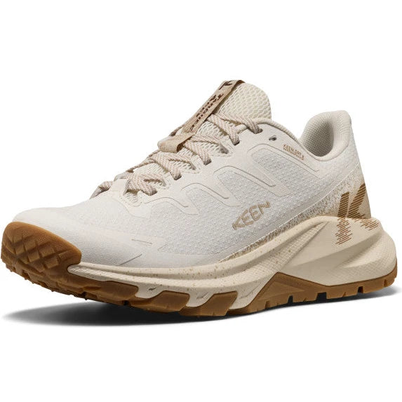 Front angled view of Keen Women's Targhee Apex Waterproof Hiking Shoe in Safari Birch
