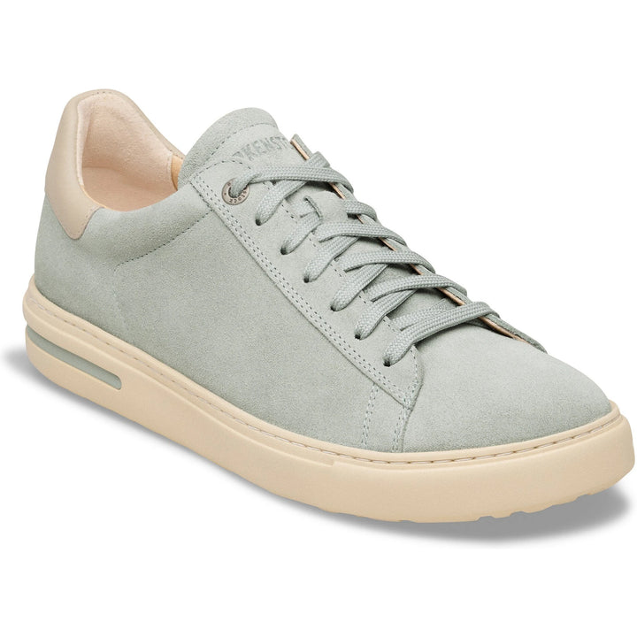 Front angled view of Birkenstock Unisex Bend Low Suede Sneaker in Pure Sage/Oyster