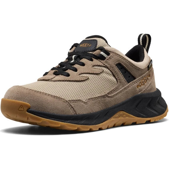 Front angled view of Keen Kids' Hightrail Waterproof Hiking Shoe (Big Kid) in Brindle Oak Buff