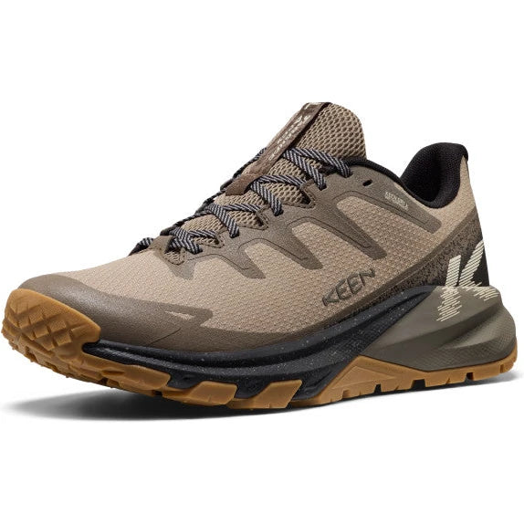 Front angled view of Keen Men's Targhee Apex Waterproof Hiking Shoe in Brindle Canteen