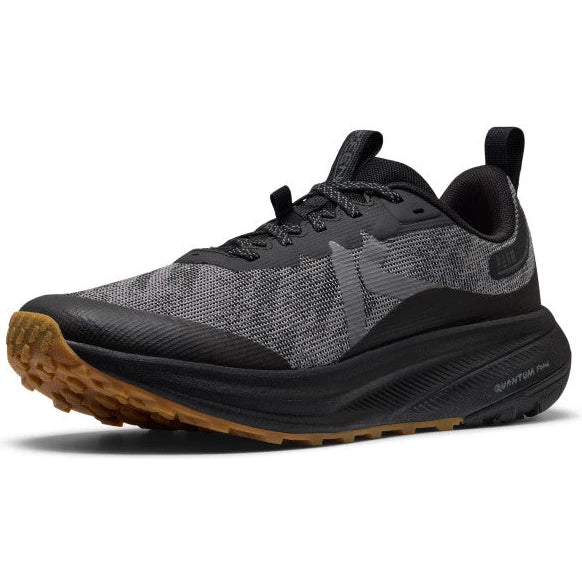 Front angled view of Keen Men's Roam Trail Running Shoe in Black/Magnet