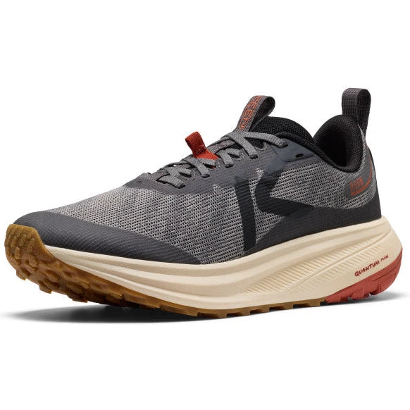 Front angled view of Keen Men's Roam Trail Running Shoe in Magnet Burnt Brick