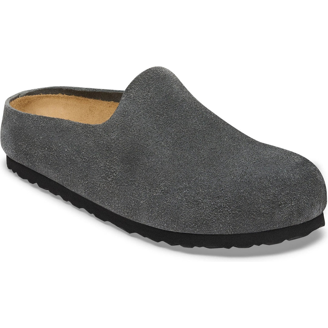Front angled view of Birkenstock Unisex Amsterdam Wrapped Suede Clog in Charcoal