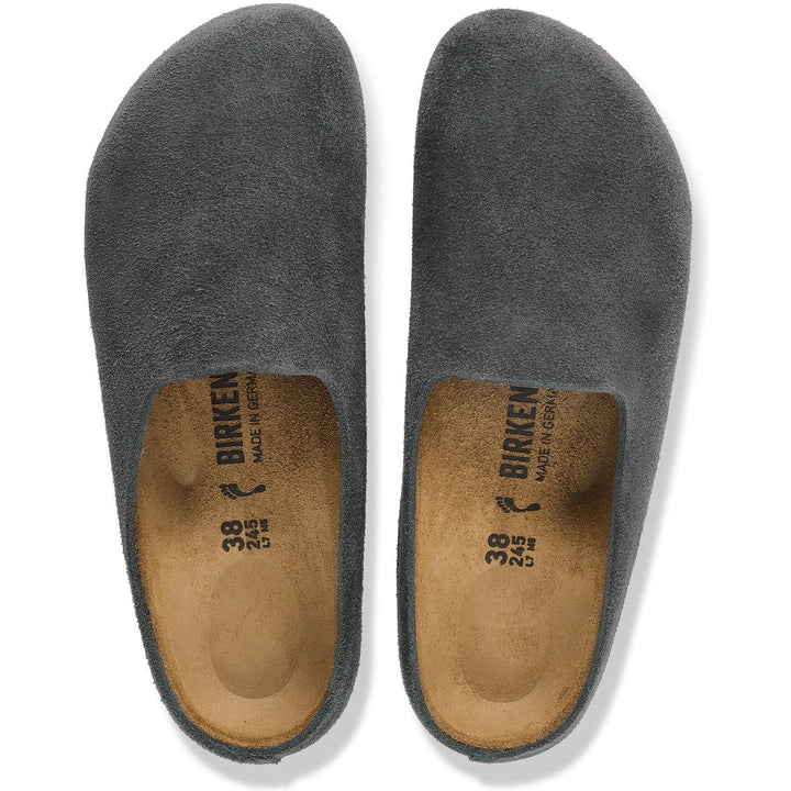 Top down view of Birkenstock Unisex Amsterdam Wrapped Suede Clogs in Charcoal