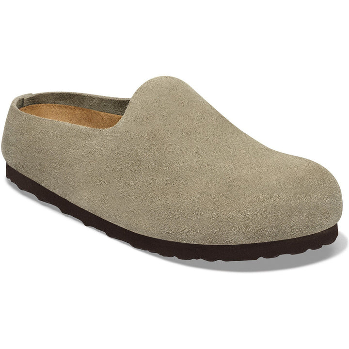 Birkenstock Unisex Amsterdam Wrapped Suede Clog in Taupe Suede - three-quarter view